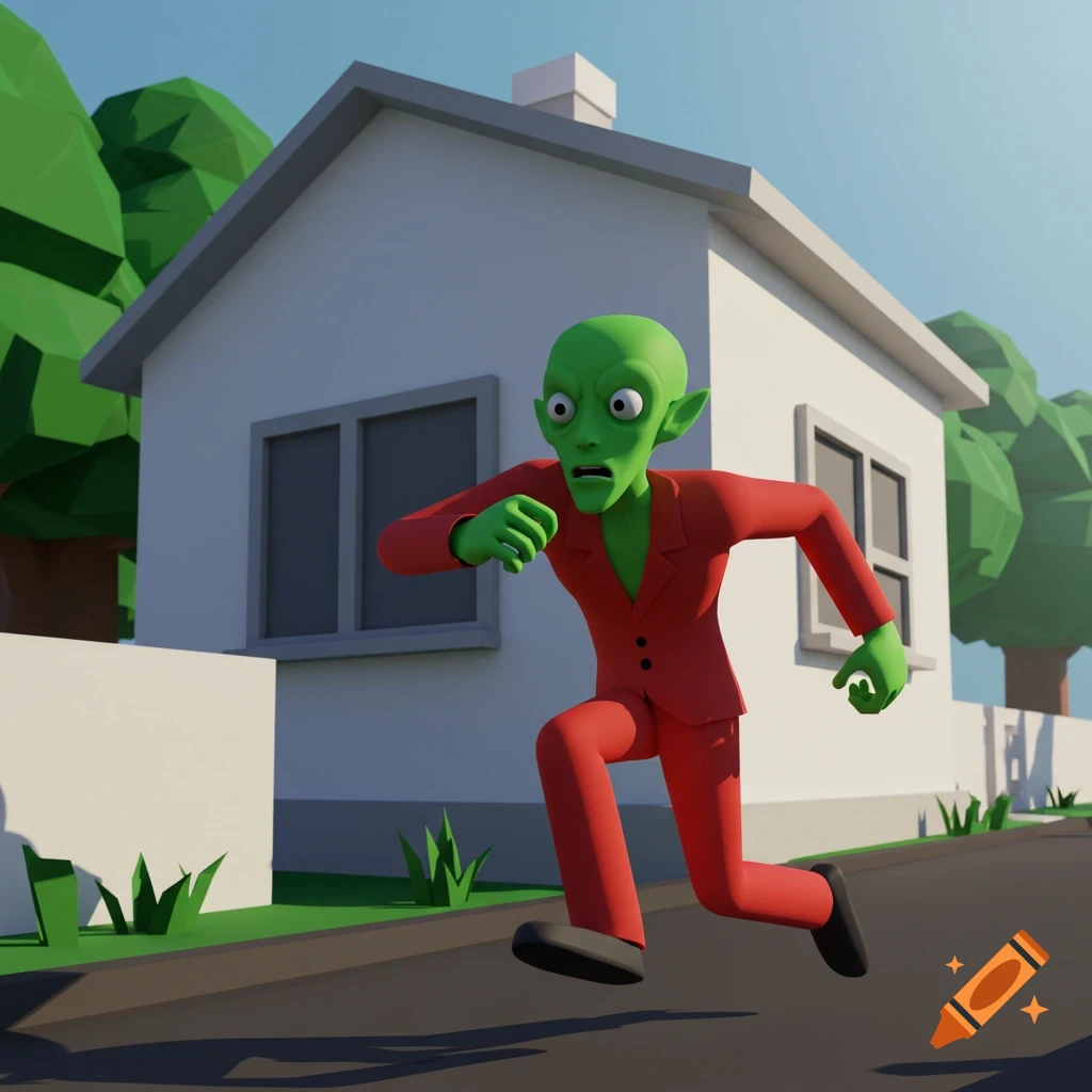 Stylized 3D rendering of a green creature in a red suit running past a white house.