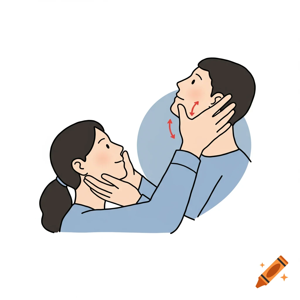 Illustration of two people performing a jaw pressure exercise, with arrows indicating movement.