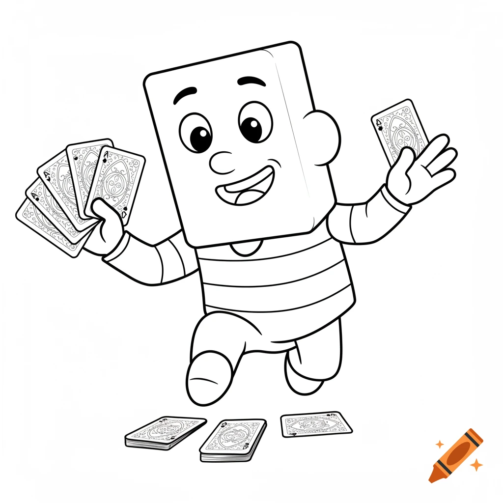 Cartoon character holds playing cards, shown as a black and white coloring page.