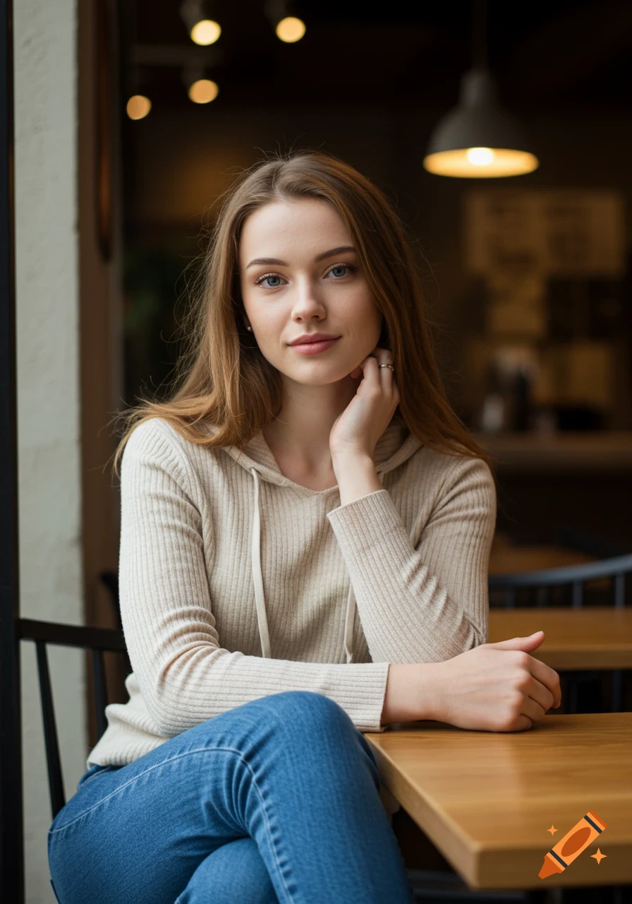 Young woman sits at a table in a coffee shop