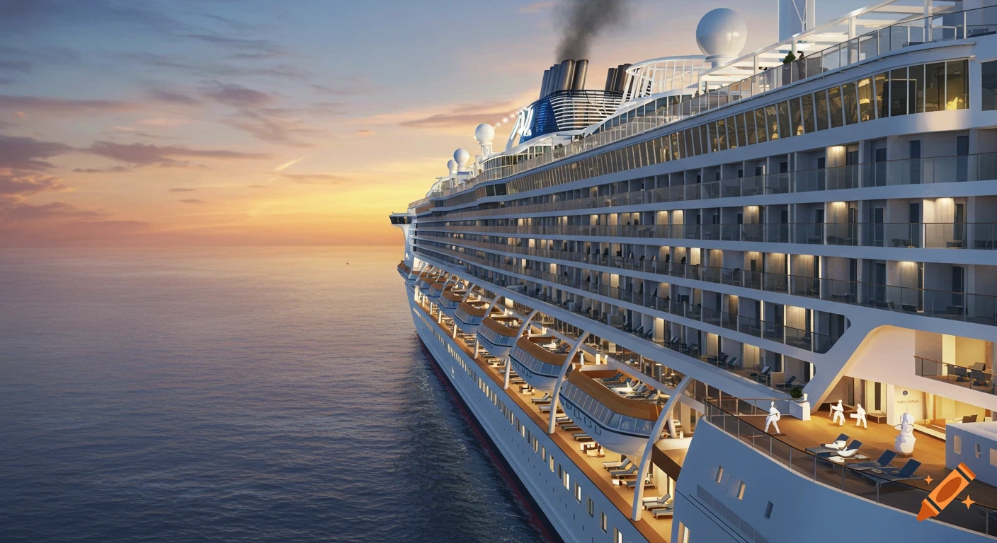 A large cruise ship sails on the ocean under a colorful sunset sky.