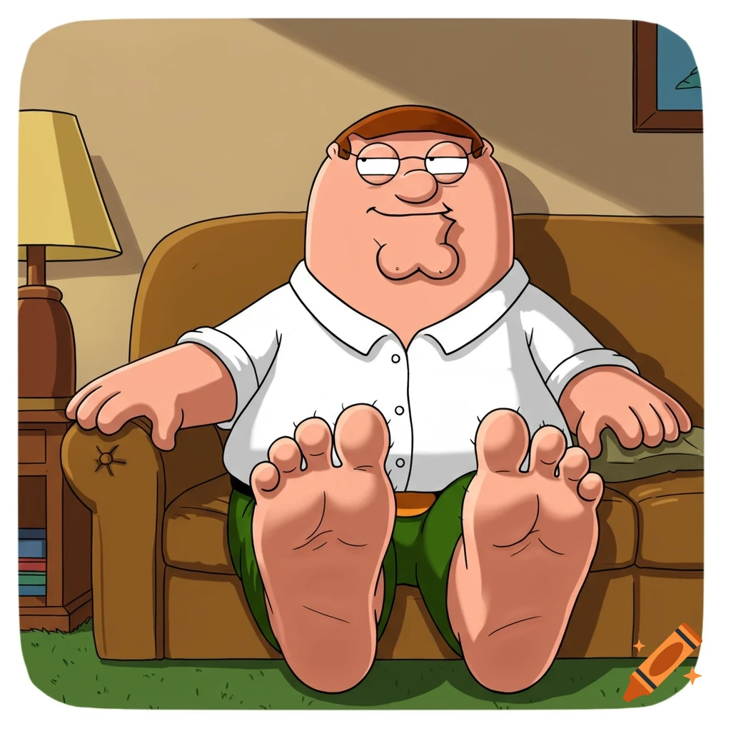 Cartoon character Peter Griffin sits on a couch with his bare feet prominent.