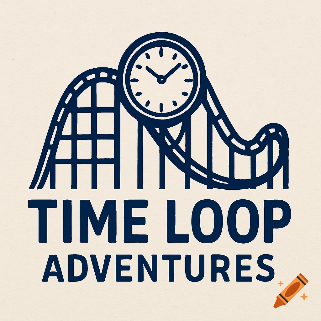 Blue logo illustration of a clock inside a rollercoaster track with 'Time Loop Adventures' text below.