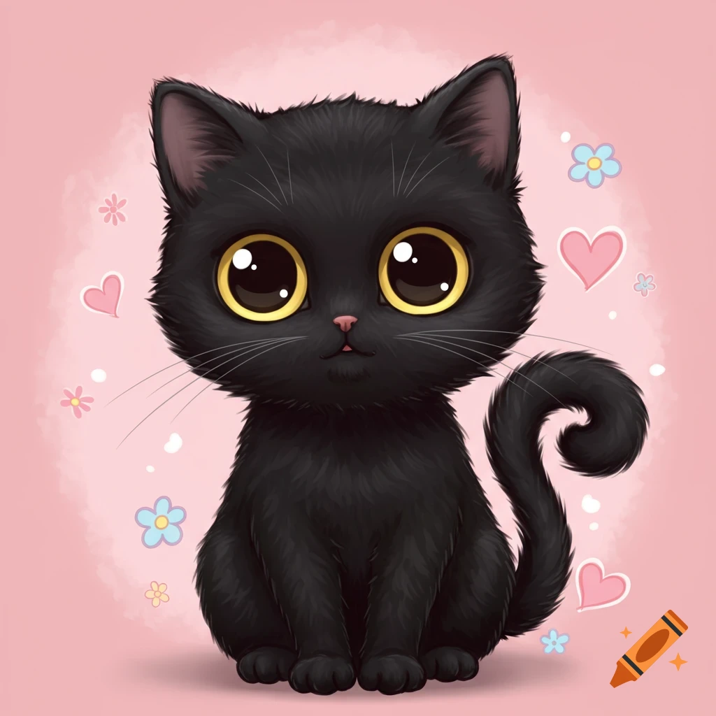 A cute black cat with big eyes in a kawaii style on a pink background with hearts and flowers.