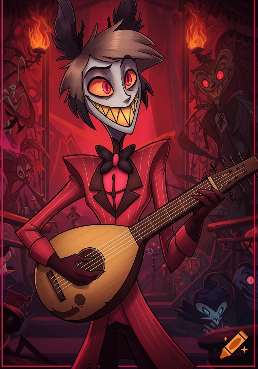 Hazbin Hotel character Alastor plays a lute in a red, hellish environment.