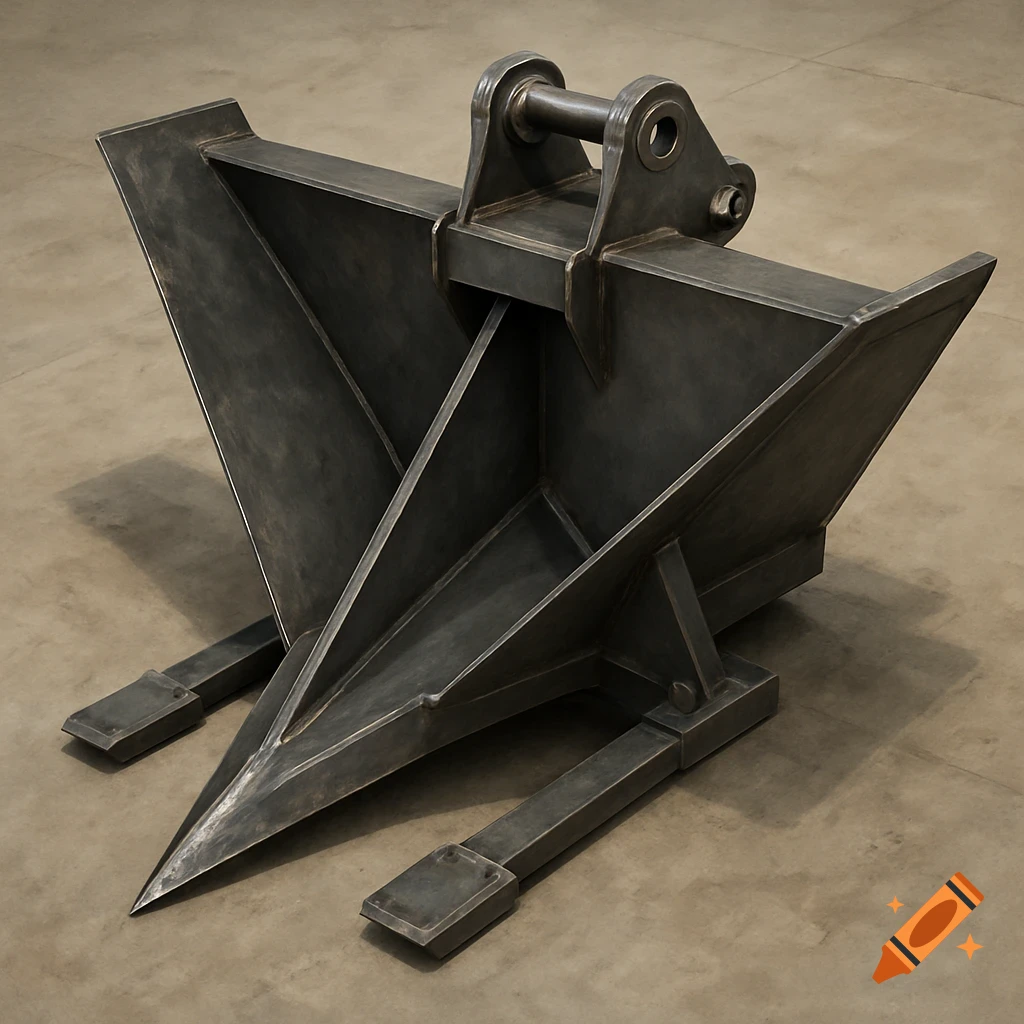 A steel V-shaped backhoe attachment with skids and a mounting bracket on a concrete floor in a realistic style.