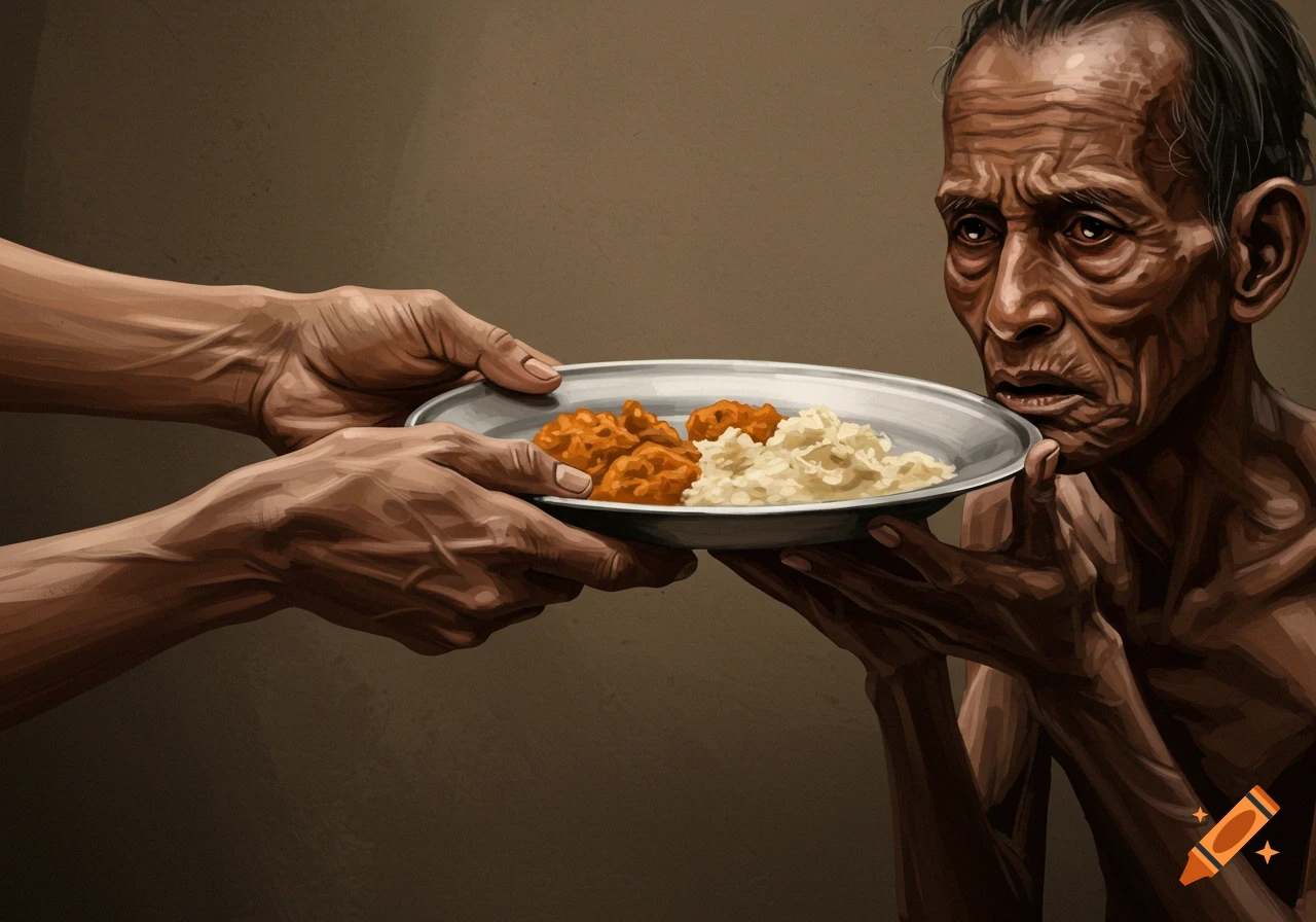 Hands offer a plate of food to a hungry, elderly person in a digital painting.