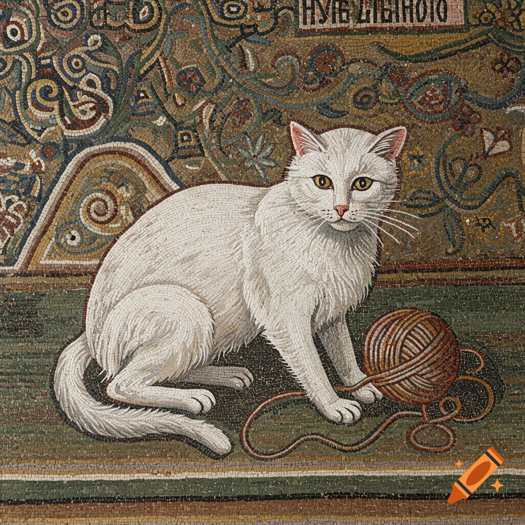 Detailed mosaic art of a white cat playing with a ball of yarn against an ornate background.