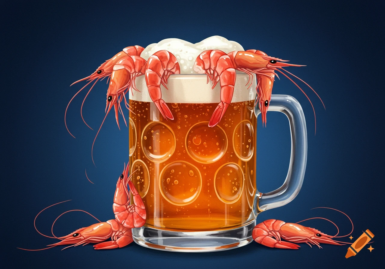 Several shrimp perched on the rim and base of a large mug of beer.