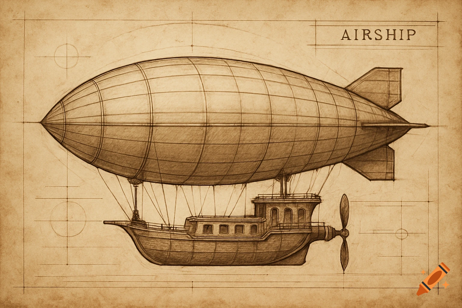 Side view sketch of an airship schematic on aged paper.