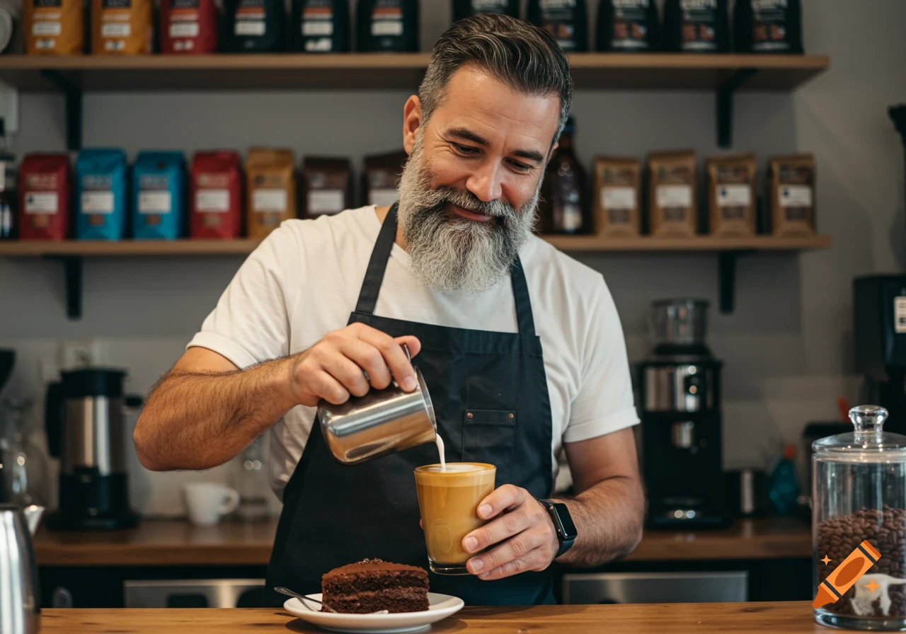Barista pouring milk into a coffee cup with a cake on the counter in a cafe.