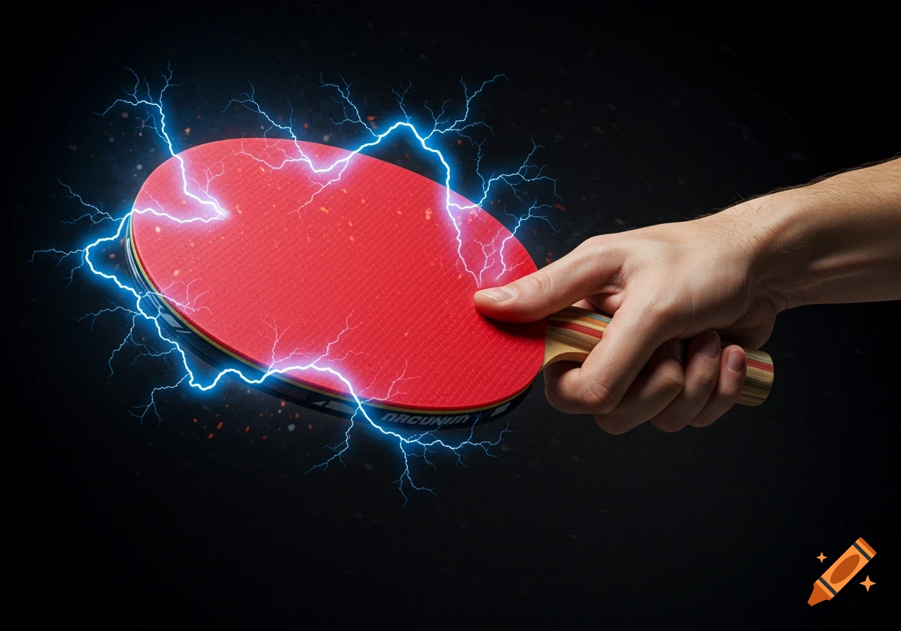 Hand holding a table tennis paddle surrounded by blue lightning