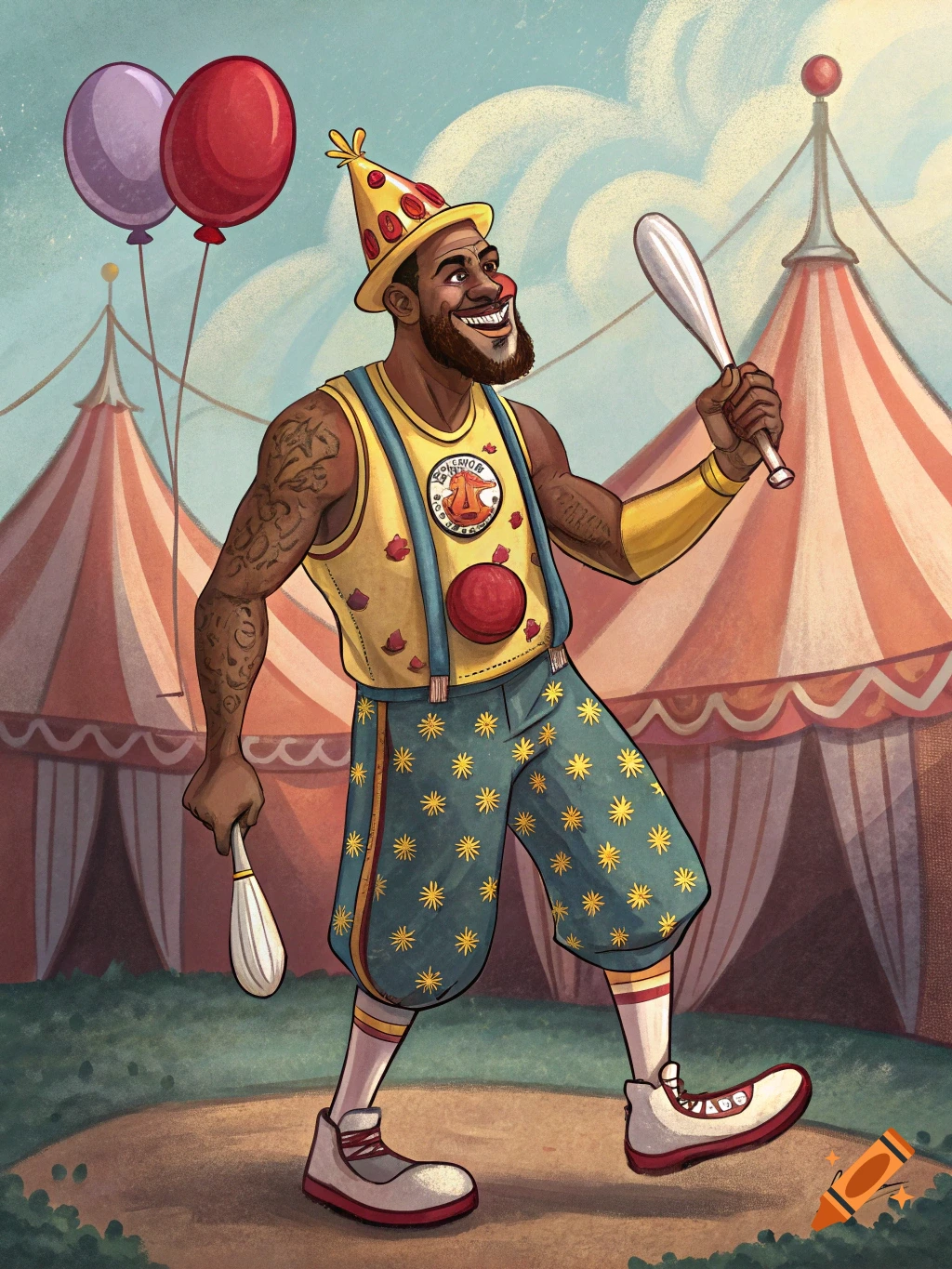 Illustration of LeBron James in a clown costume at a circus.