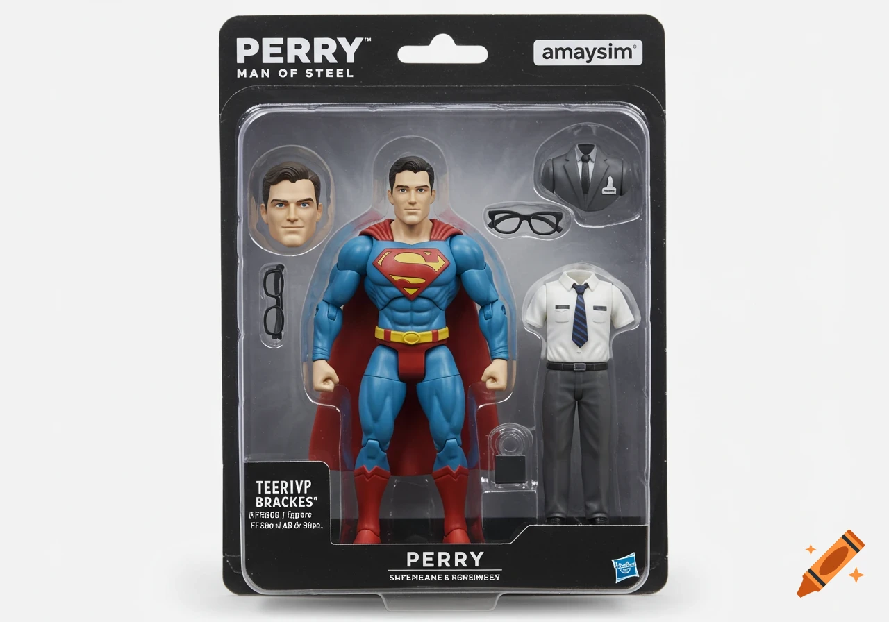 Superman action figure in blister packaging with alternate head, glasses, and suit accessories.