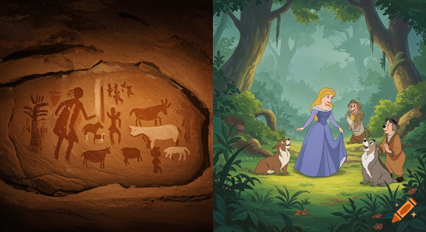 Split image transitioning from cave paintings on the left to a Disney-style princess and animals in a forest on the right.