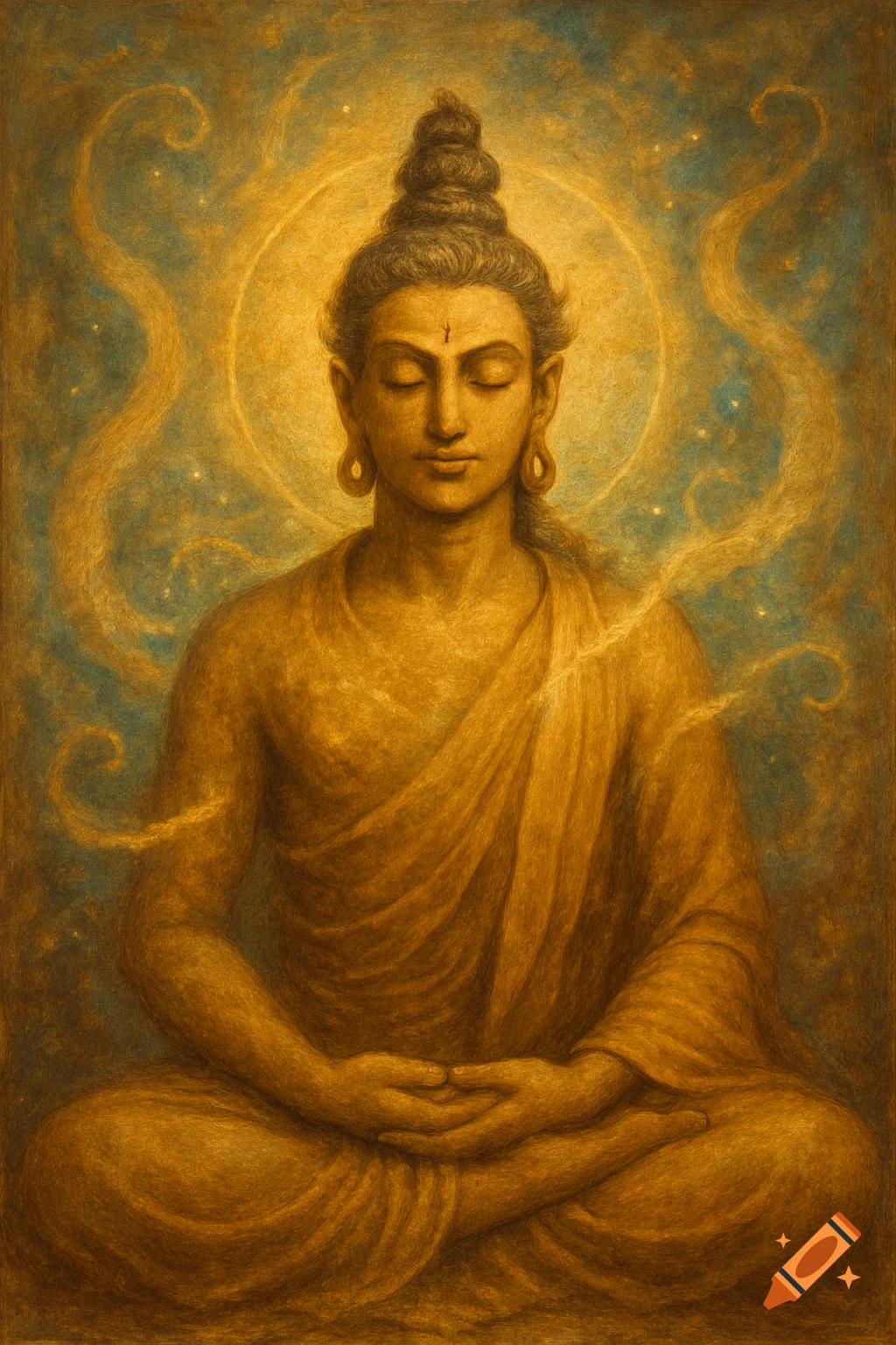 Golden painting of a figure resembling Buddha in meditation pose against a teal and gold background with swirling light.