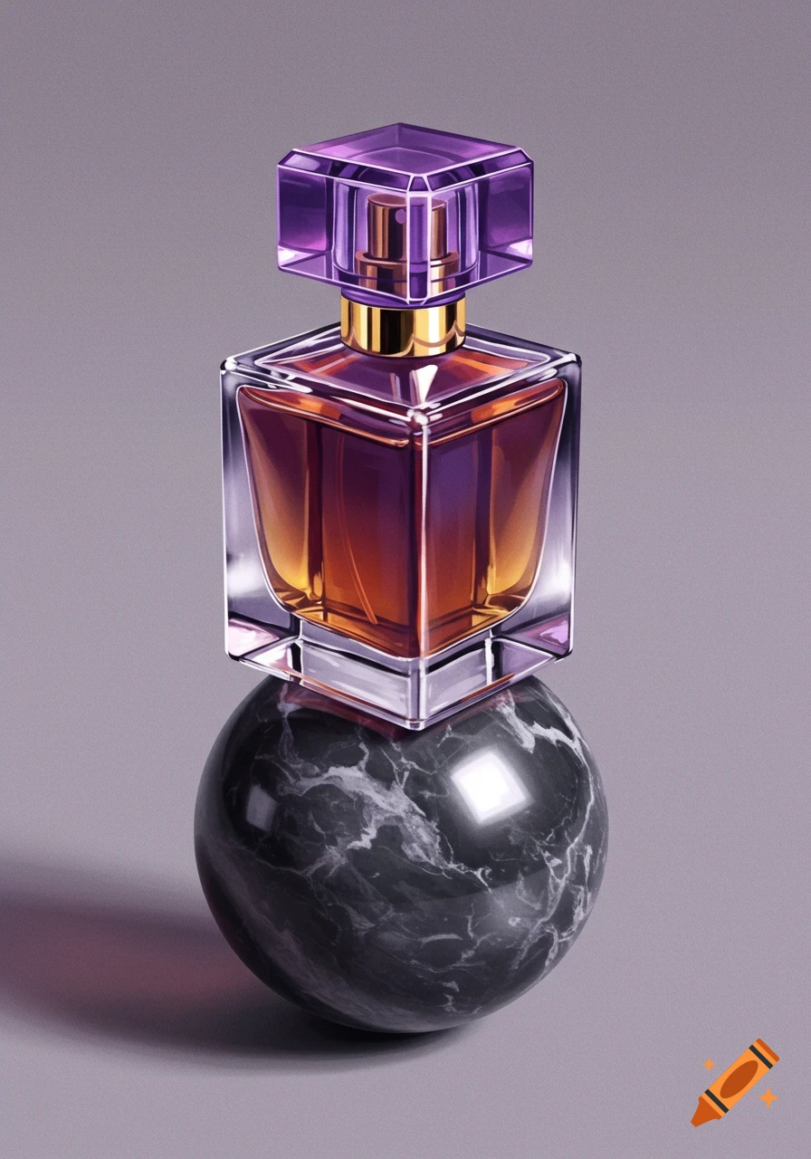 Perfume bottle with purple lid on a black marble ball