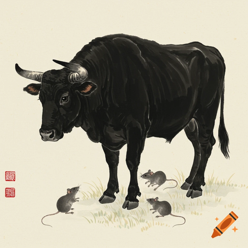 Chinese ink painting of a large black bull and three mice.