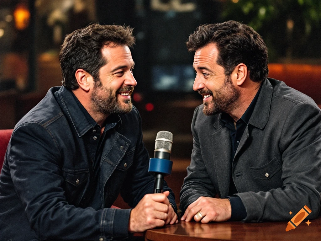Two men sit at a table with a microphone, looking and smiling at each other.