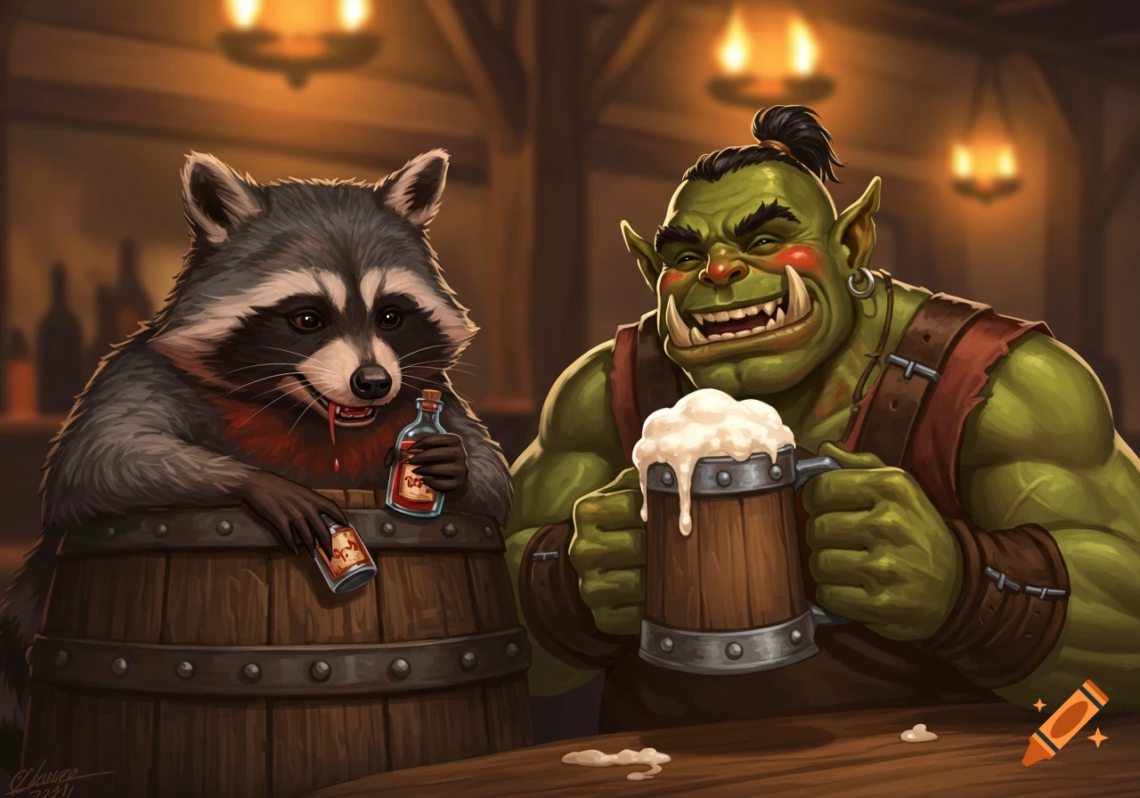 Stylized digital painting of a raccoon and a green orc sitting at a bar, drinking. The raccoon holds bottles and has liquid dripping from its mouth; the orc holds a frothy mug.