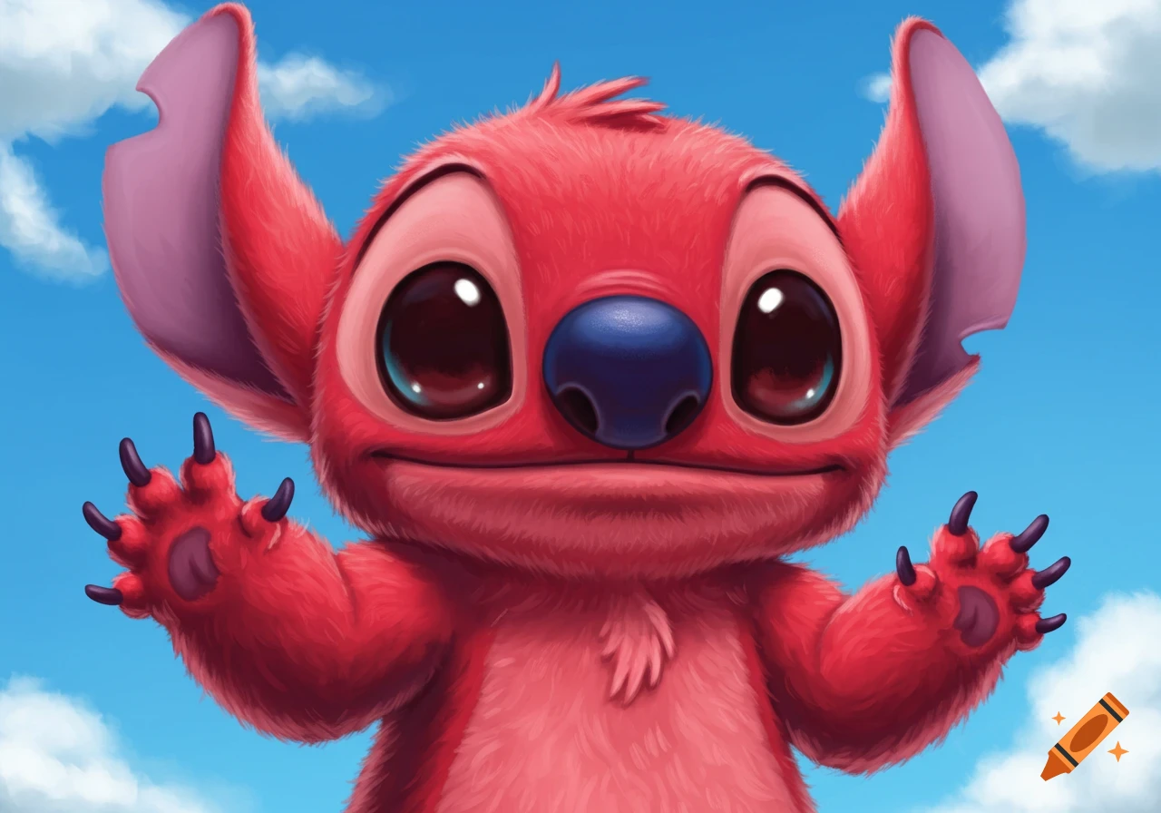 Close-up of a red, fluffy cartoon character resembling Stitch, with large eyes and ears, reaching out against a blue sky with clouds.