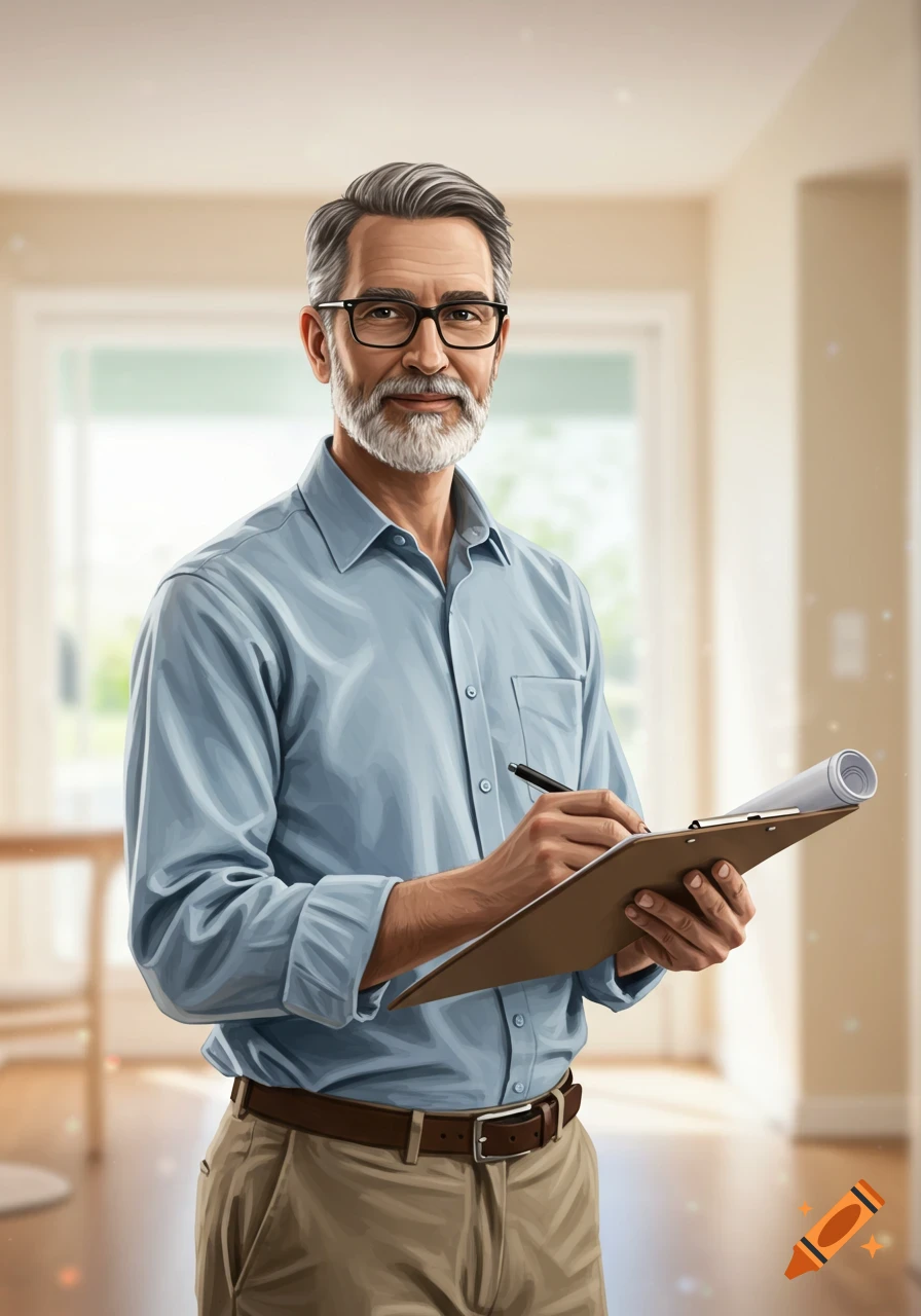 Illustration of a man in a blue shirt writing on a clipboard in a house.