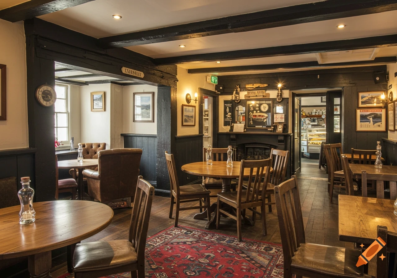 Interior of a cozy traditional pub with wooden furniture, exposed beams, a fireplace, and a doorway leading to a pie shop.