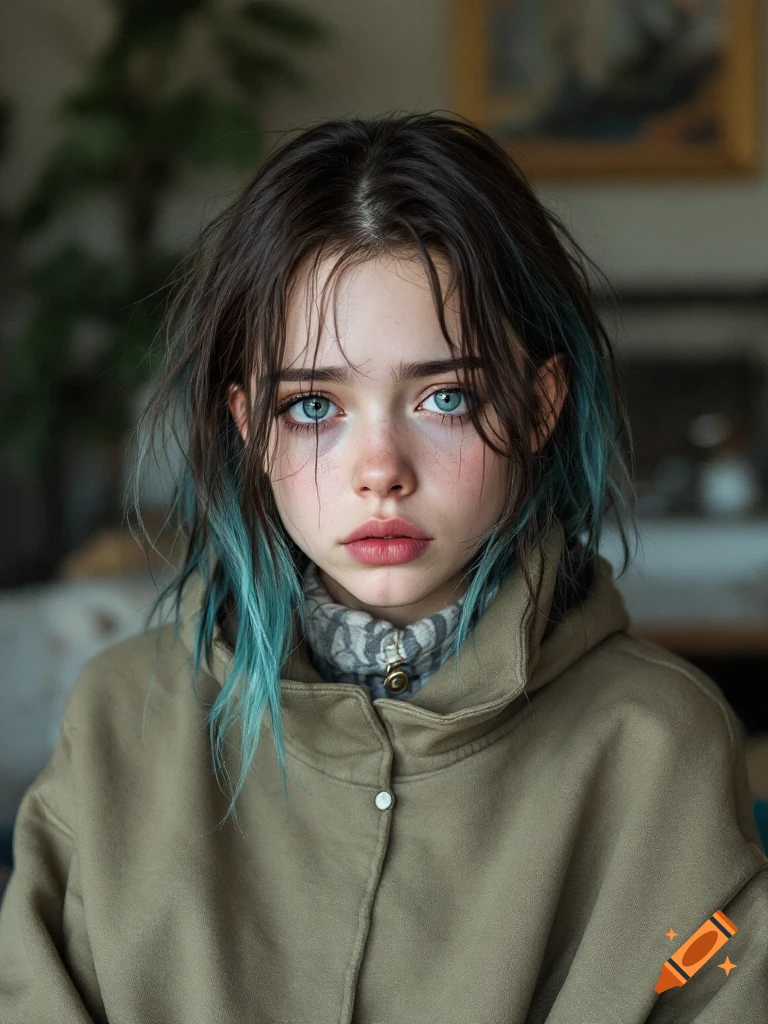 Close-up portrait of a young woman with striking blue eyes and brown hair with blue streaks, wearing a hooded jacket.