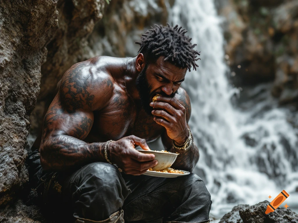 Muscular man with tattoos eating from a bowl by a waterfall.