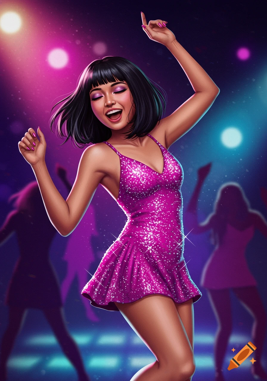 A joyful woman with black hair dances in a sparkly pink dress under disco lights.