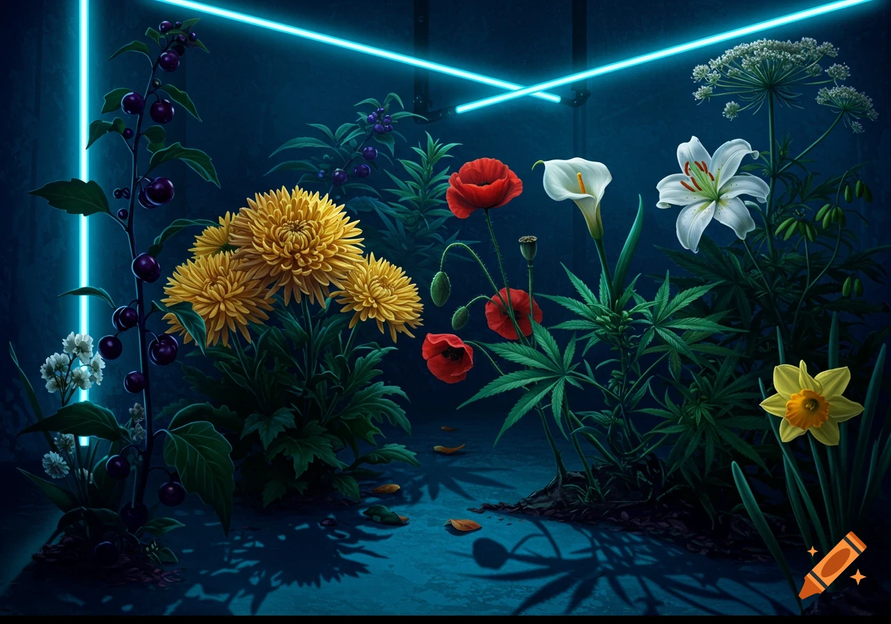 Various flowers and plants including poppies and cannabis leaves in a dark room lit by blue neon lines.