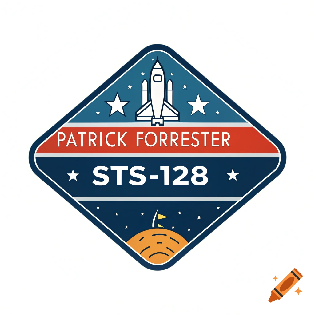 Clipart mission patch with a space shuttle, stars, and text 'PATRICK FORRESTER STS-128'.