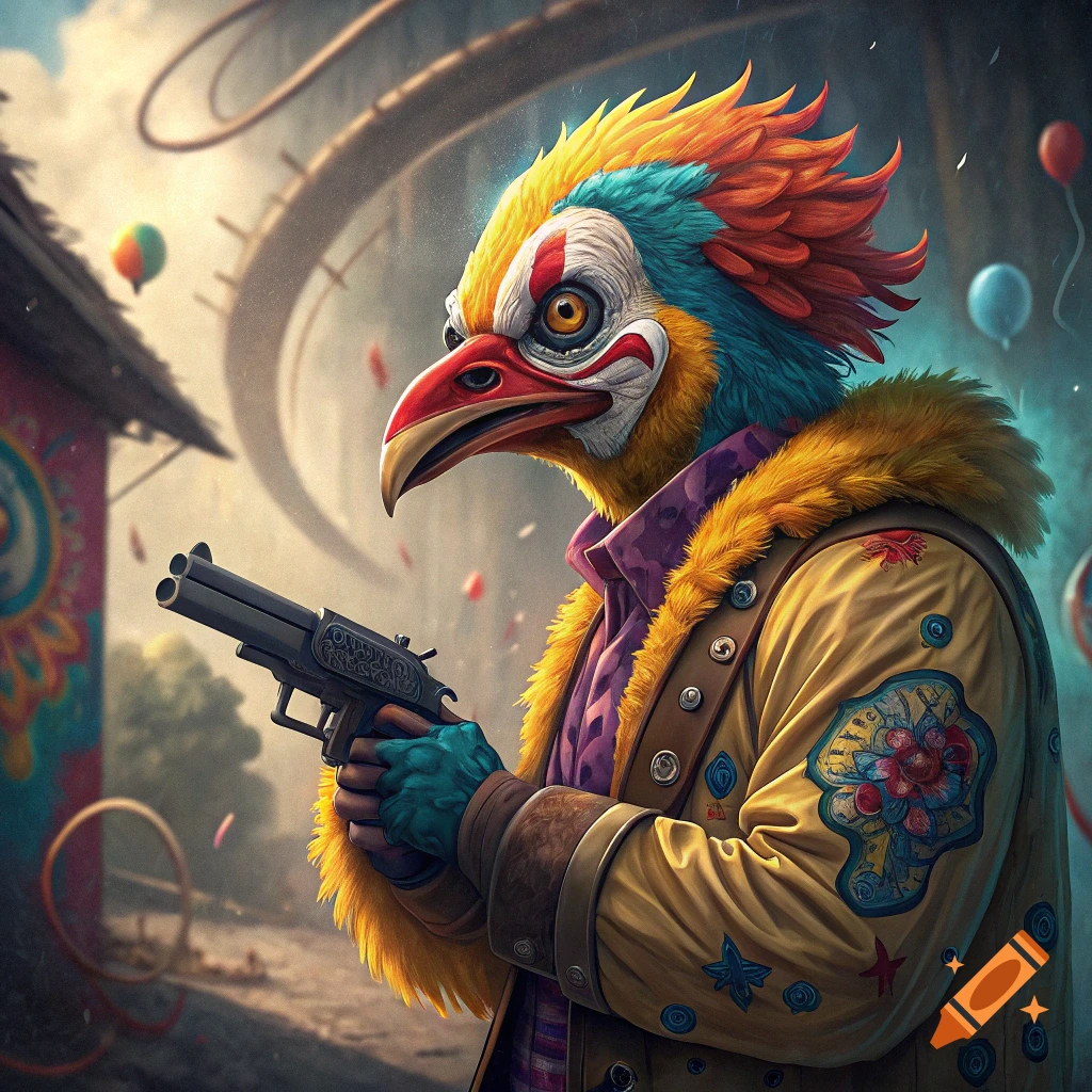 A bird with clown makeup and a furry coat holds a gun at a circus.