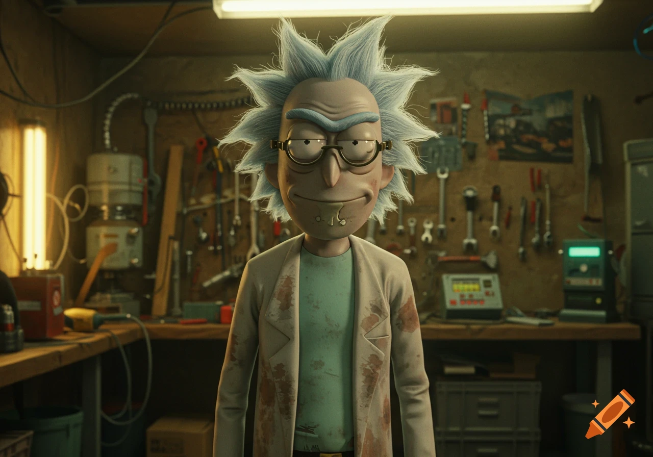 Detailed CGI render of Rick Sanchez standing in his cluttered laboratory.