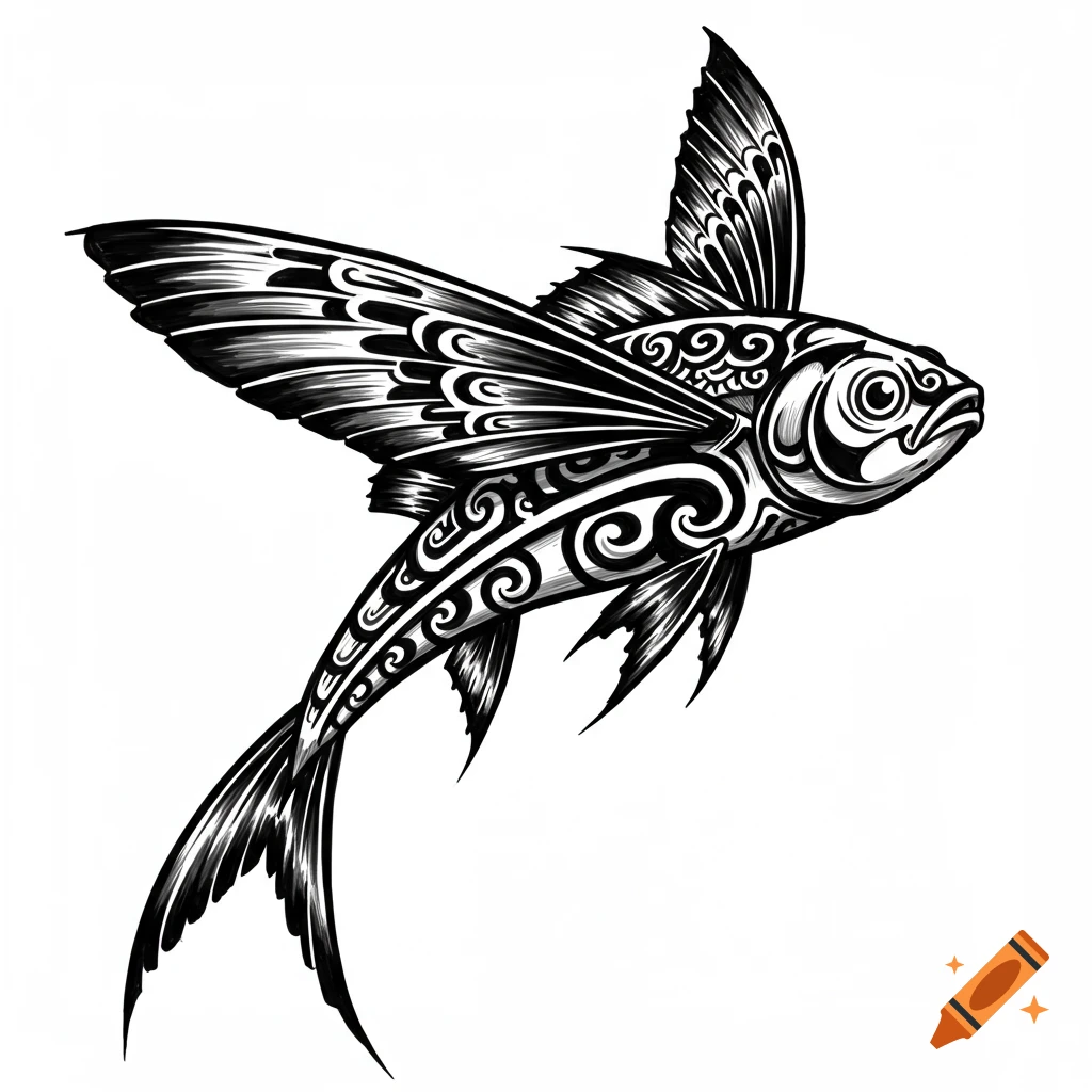 Black and white tribal art illustration of a flying fish.