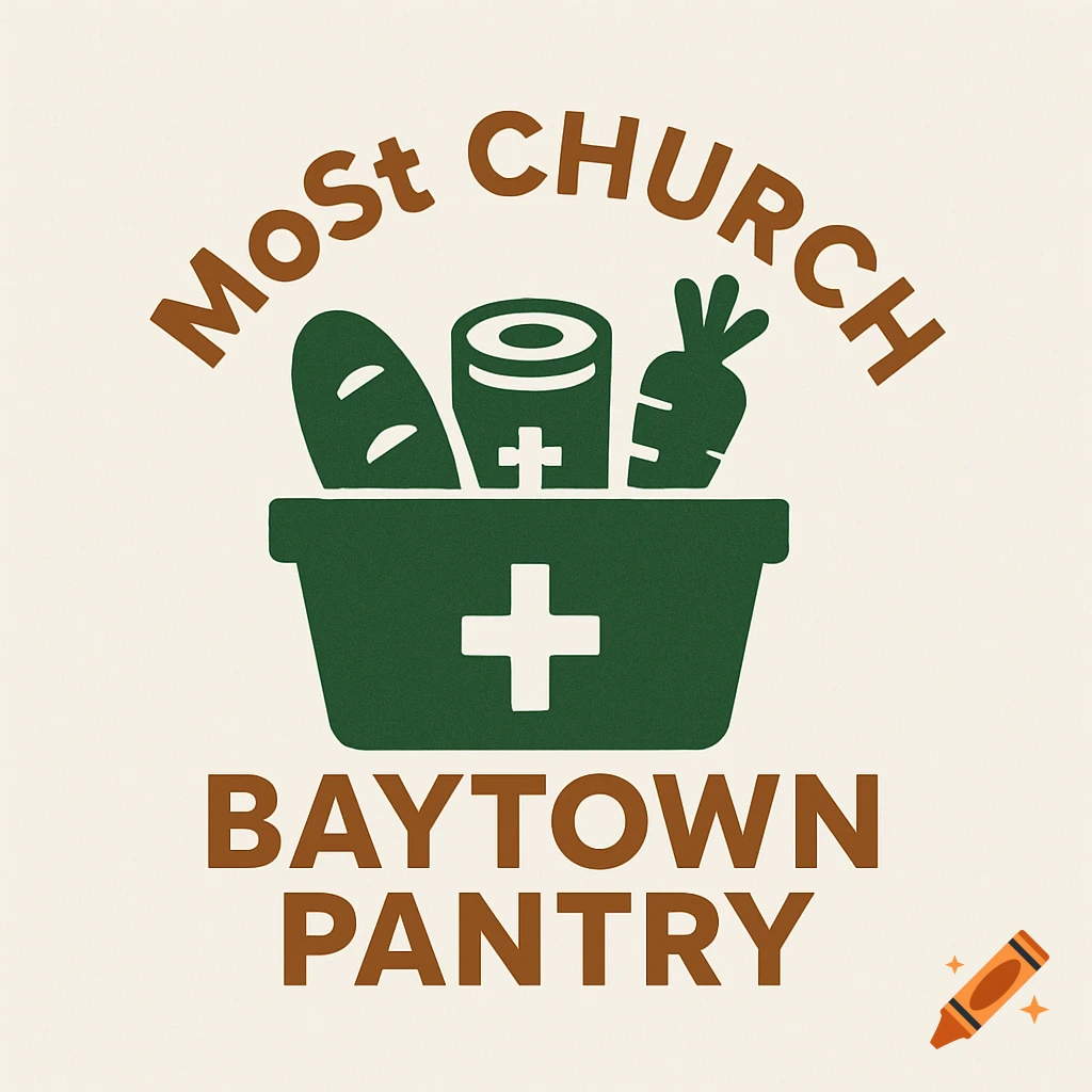 Logo for Most Church Baytown Pantry showing a basket of food items and a cross.