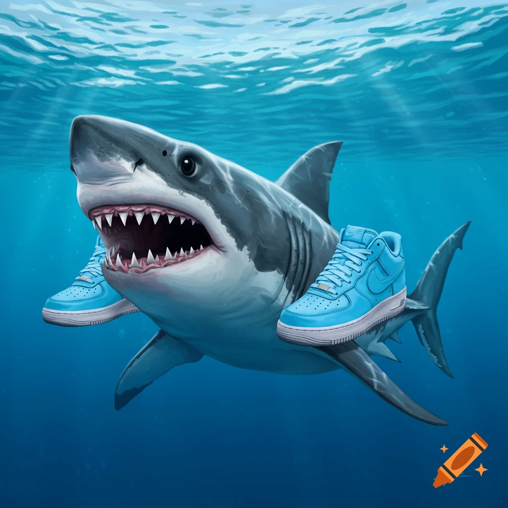 Illustration of a shark swimming underwater wearing blue sneakers.