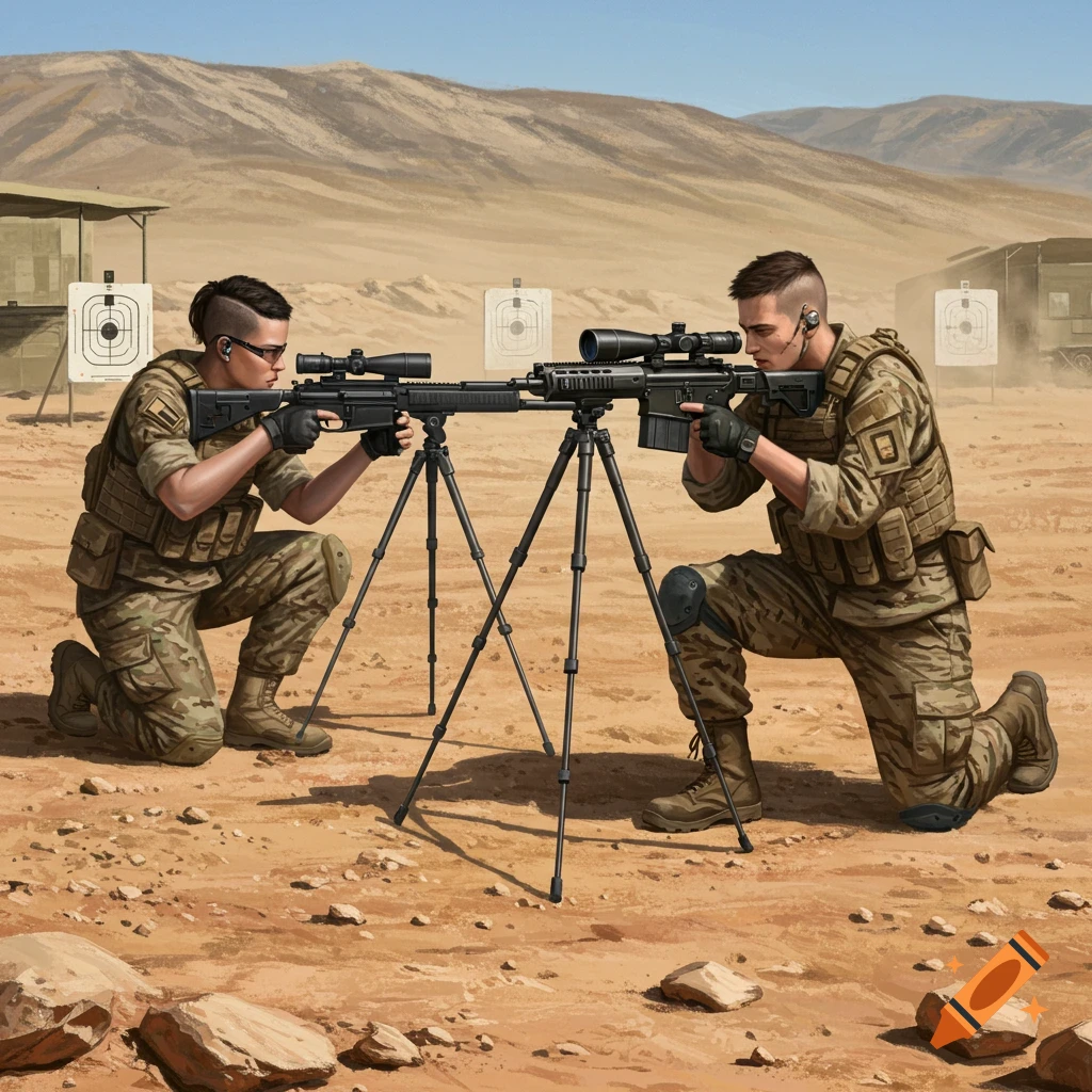 Two soldiers train at a desert shooting range, aiming rifles on tripods.