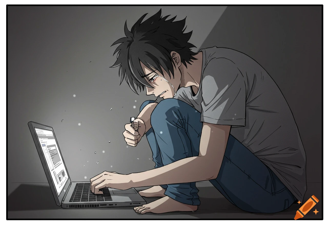 Anime man crying while looking at a laptop