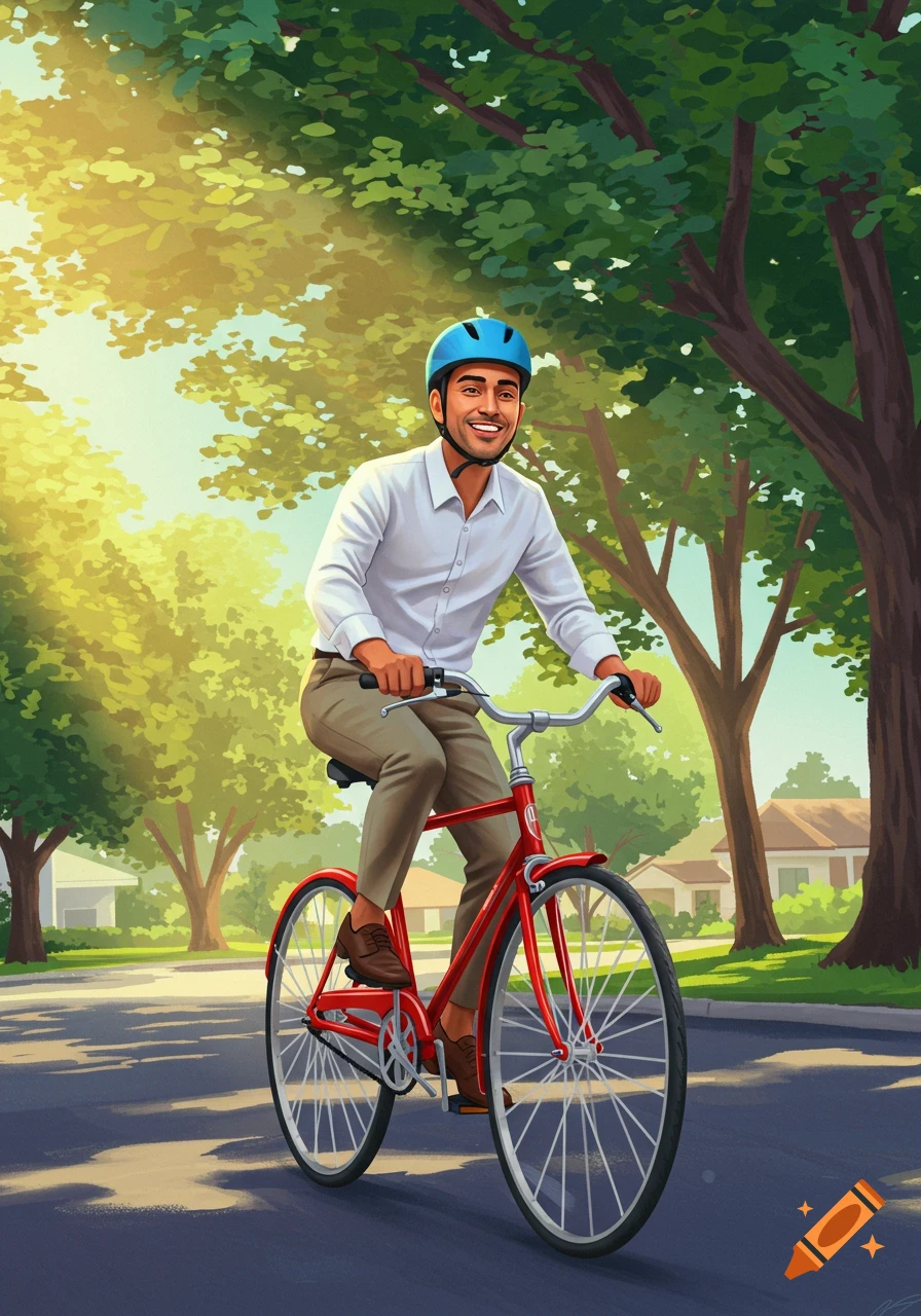 Illustration of a man with a blue helmet riding a red bike down a sunny, tree-lined suburban street.