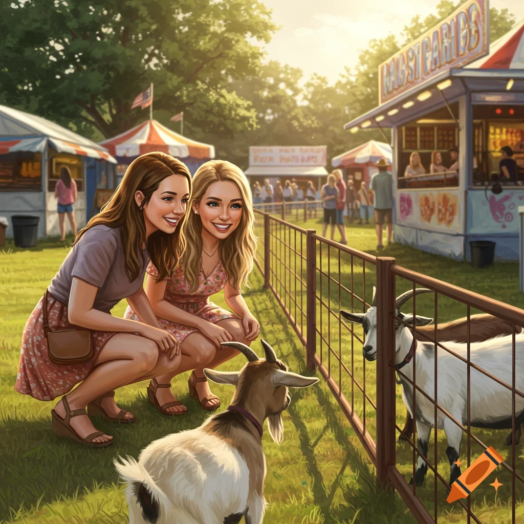 Two young women squatting by a fence, looking at goats at a sunny fair with food stands in the background.