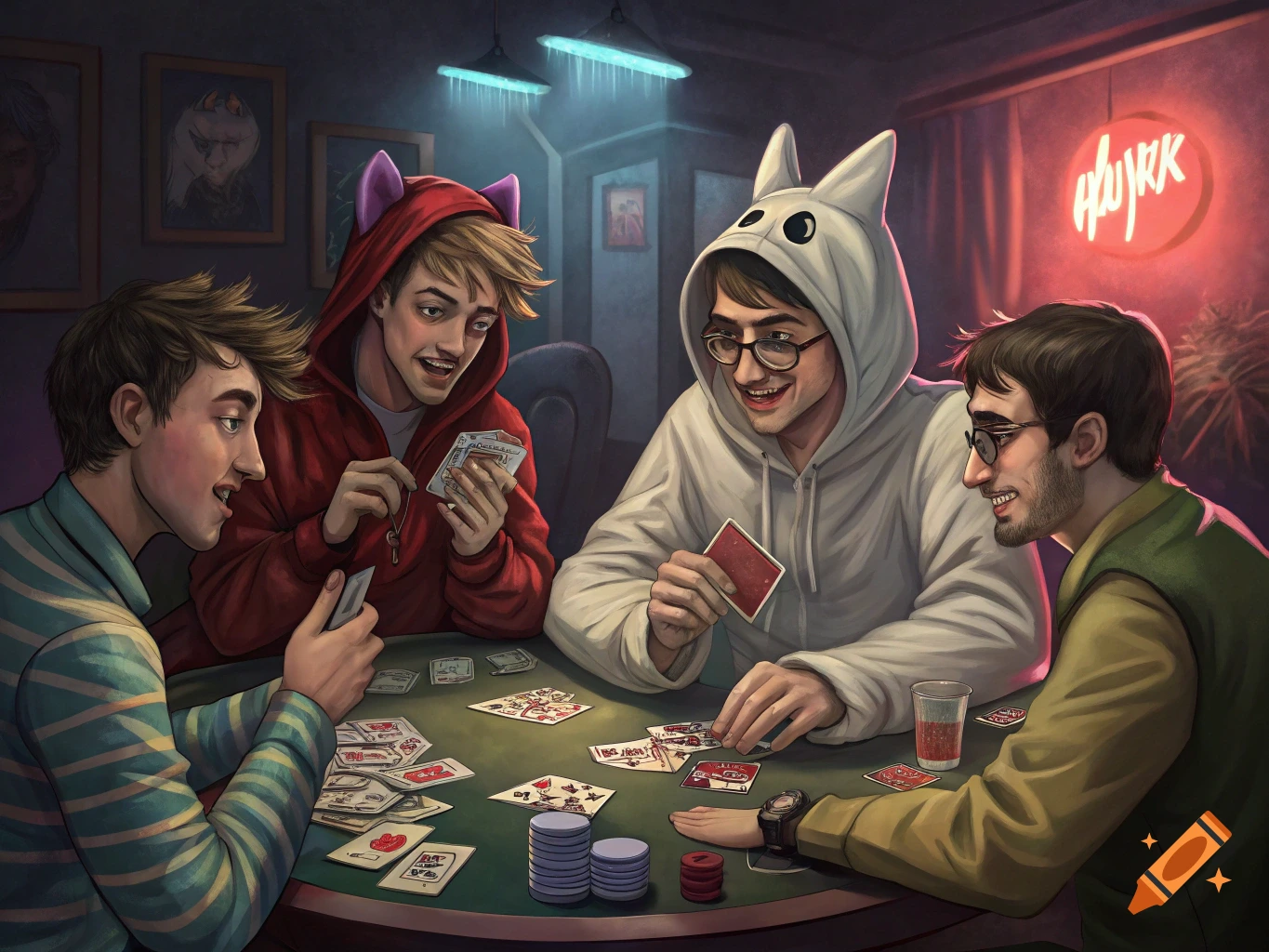 Four stylized men playing poker at a green felt table in a dimly lit room with a neon sign.