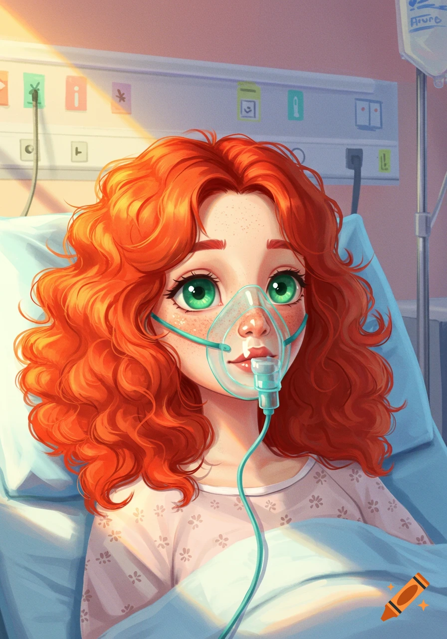 Stylized illustration of a cute redhead girl in a hospital bed wearing an  oxygen mask. on Craiyon, image size:896x1280