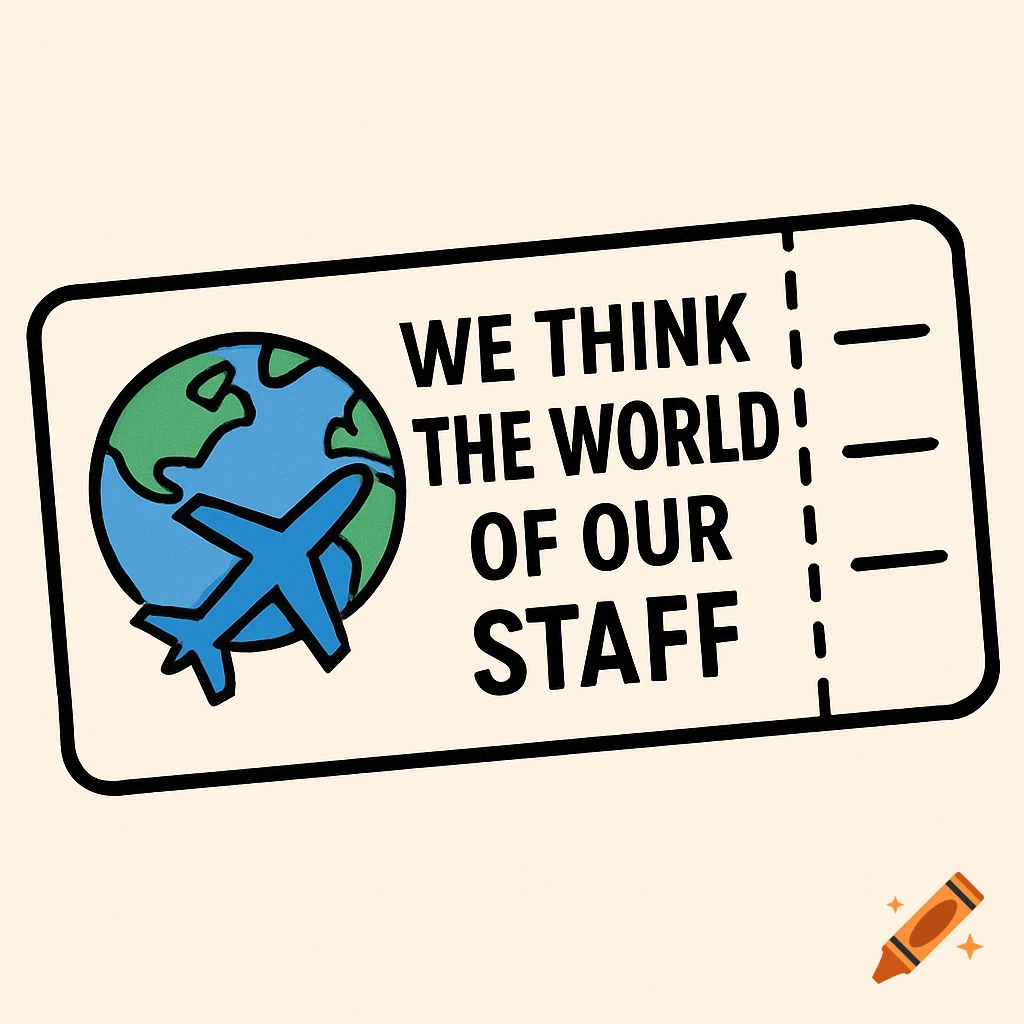 Clip art plane ticket with a globe, plane, and text 'We Think The World Of Our Staff'.