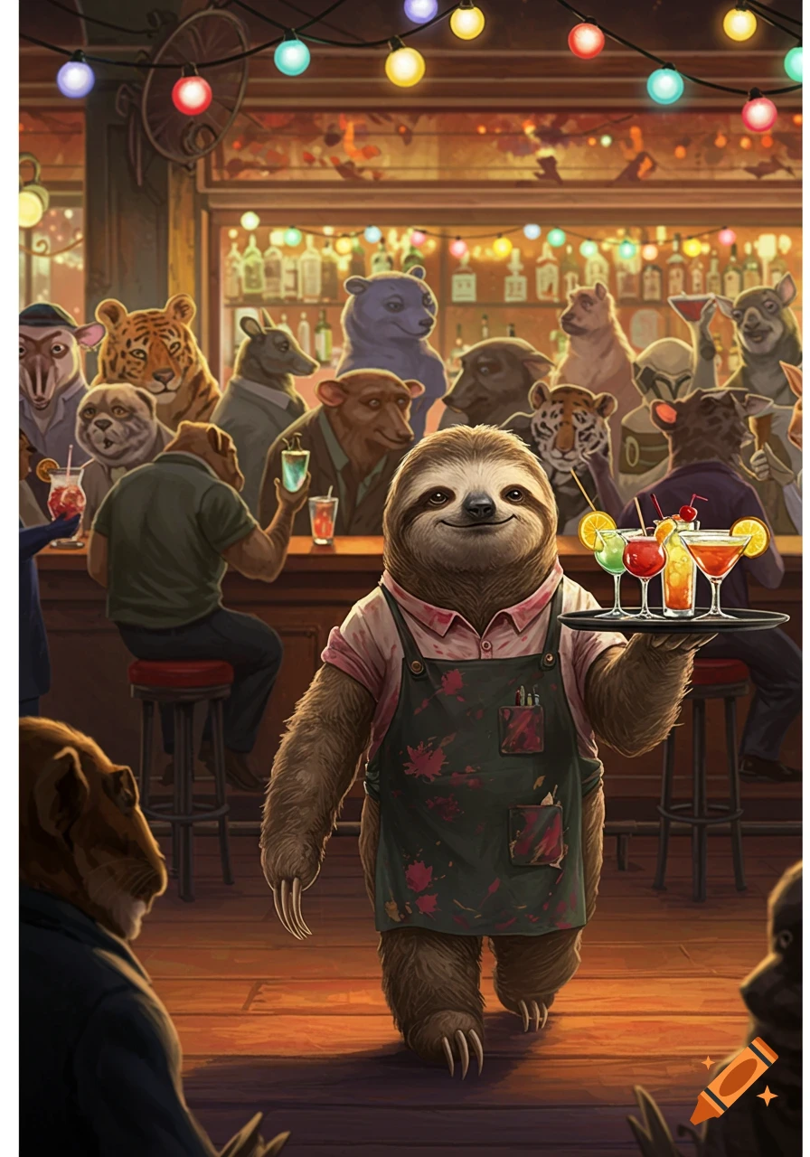 Sloth bartender holds drinks in a busy bar with anthropomorphic animals. Illustration.