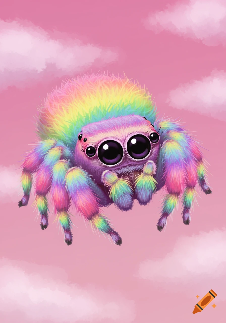 A cute, fluffy, rainbow jumping spider with big eyes is set against a pink, cloudy background.