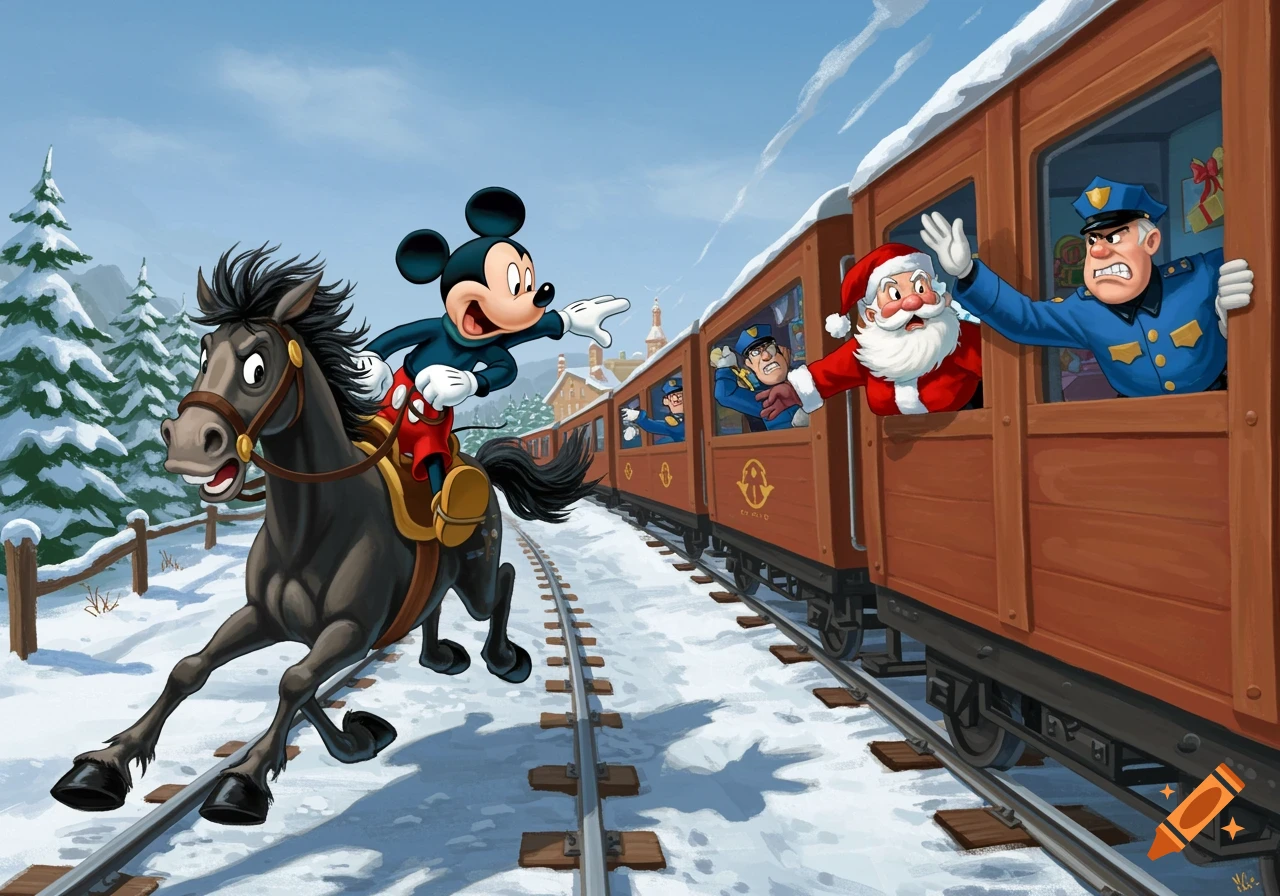 Mickey Mouse on a horse chases a train with Santa Claus and police inside, set in a snowy landscape.