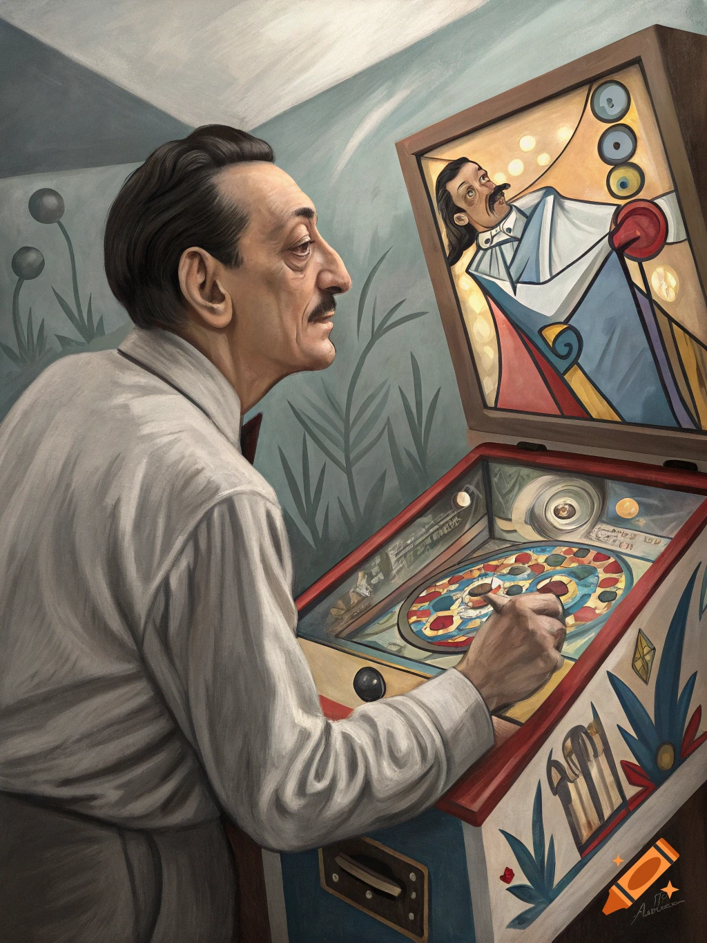 An oil painting of Salvador Dali playing a pinball machine with a cubist figure on the screen.