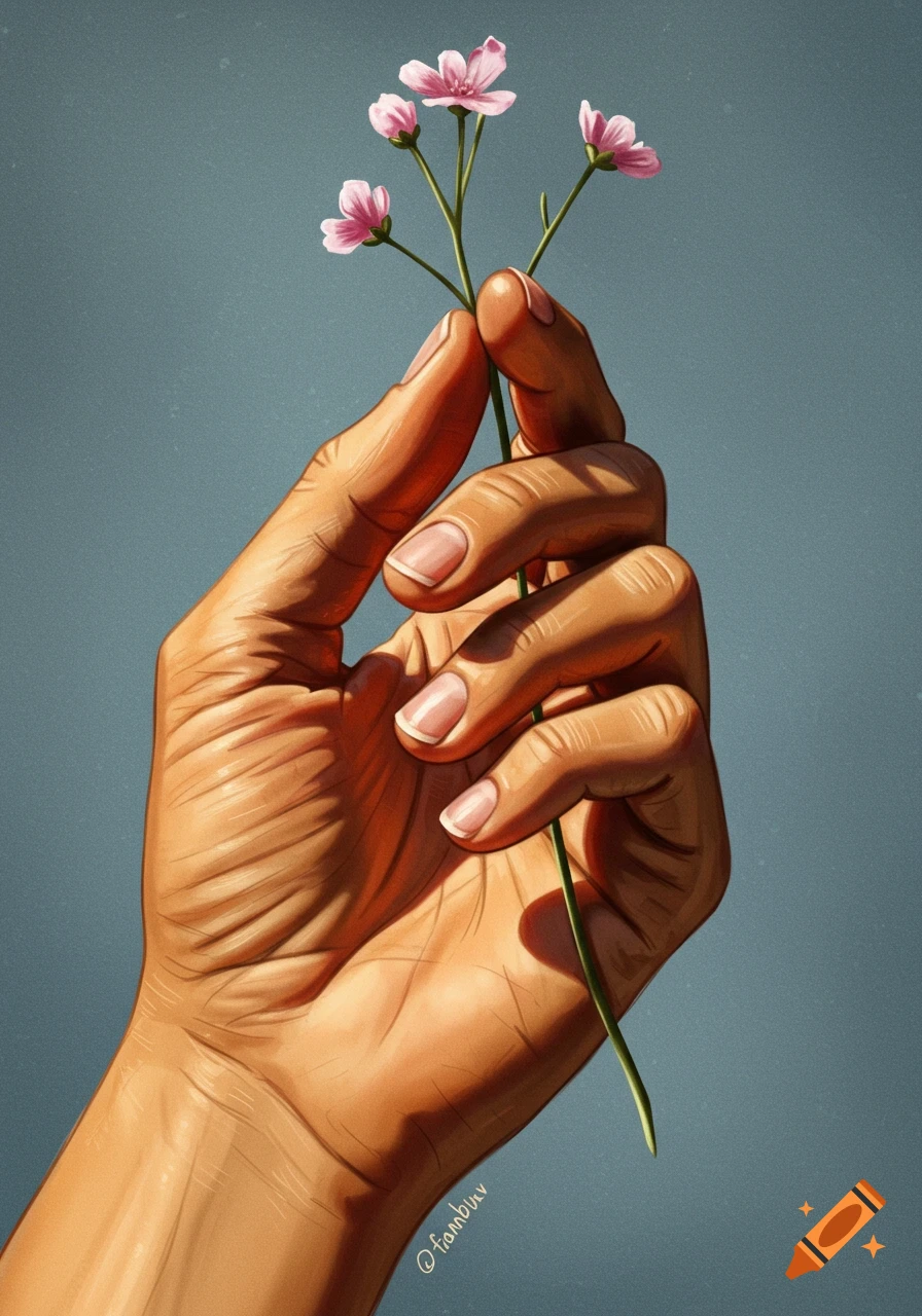 A hand holding small pink flowers against a blue background, illustrated style.