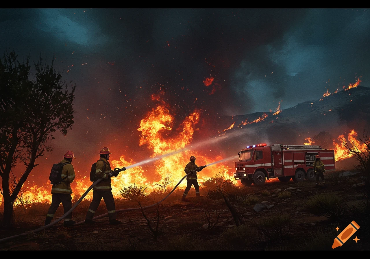 Illustrative scene of firefighters battling a wildfire with a fire truck at night.